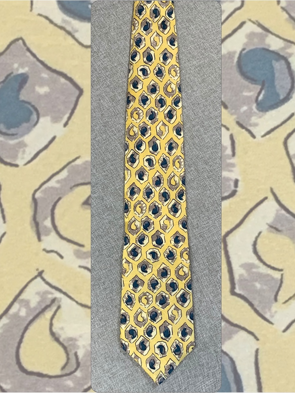 Vintage John Weitz Silk Tie Yellow Navy Geometric Foulard